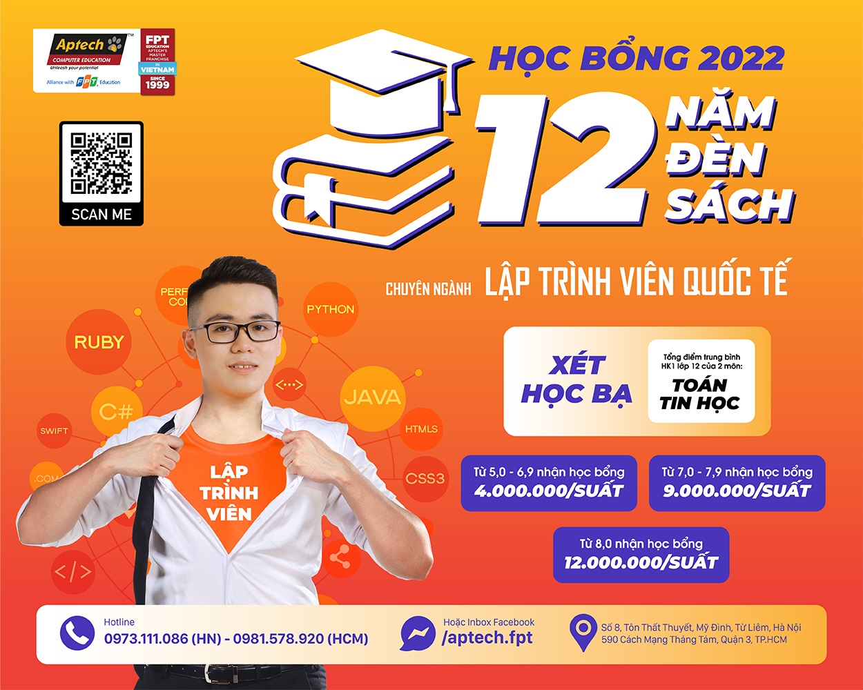học bổng 12 Năm Đèn Sách 2022 Ngành Lập Trình Viên Quốc Tế dành cho học sinh lớp 12 sắp tốt nghiệp THPT năm 2022