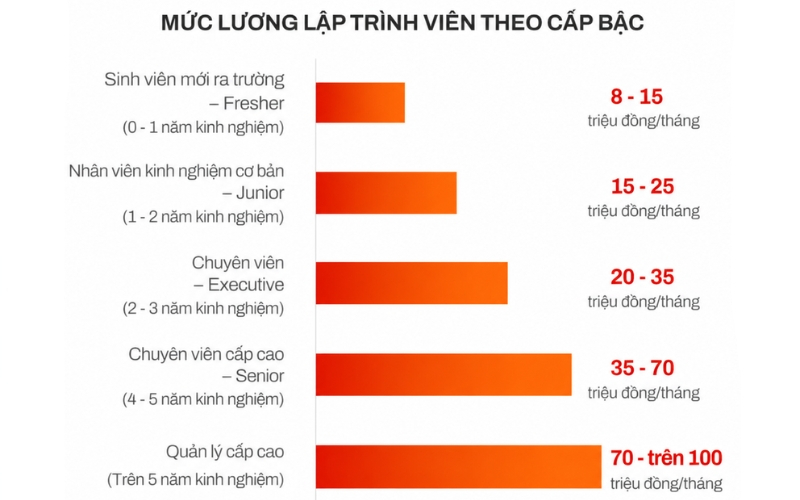 Lương Lập trình viên: Mức lương chi tiết theo cấp bậc, vị trí 1 Mức lương Lập trình viên tăng dần theo kinh nghiệm, từ fresher đến quản lý cấp cao với thu nhập khác nhau.