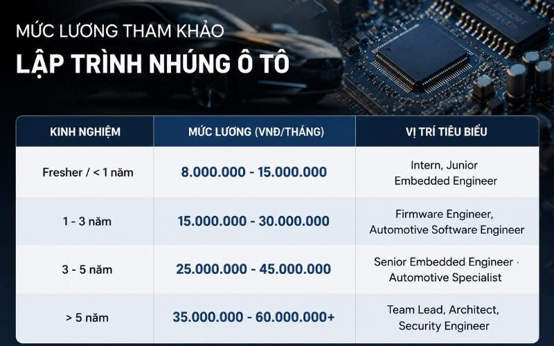 Mức lương phụ thuộc vào kinh nghiệm, công ty, vị trí, ngoại ngữ và kỹ năng.
