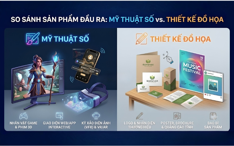 Thiết kế mỹ thuật số và thiết kế đồ họa khác nhau về mục tiêu, kỹ năng, công cụ và sản phẩm đầu ra.