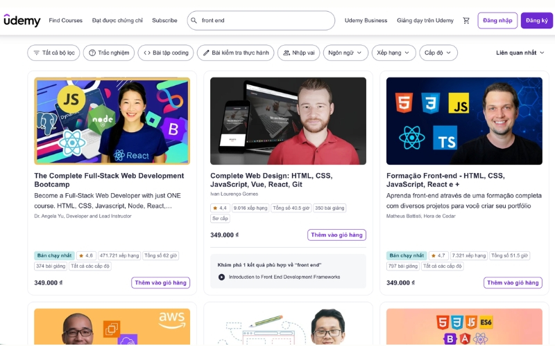 Udemy cung cấp đa dạng khóa học Front end trực tuyến, phù hợp nhiều trình độ và mục tiêu học tập.
