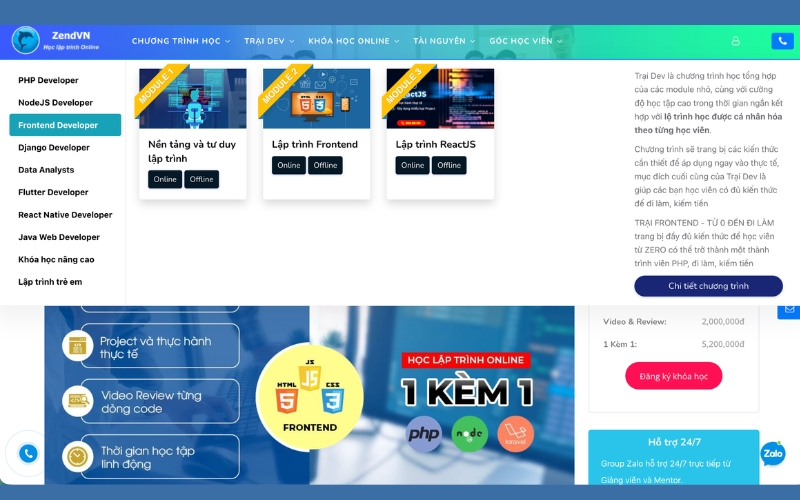 ZendVN cung cấp khóa học Front end theo lộ trình thực tiễn, phù hợp cho người mới và người chuyển ngành.