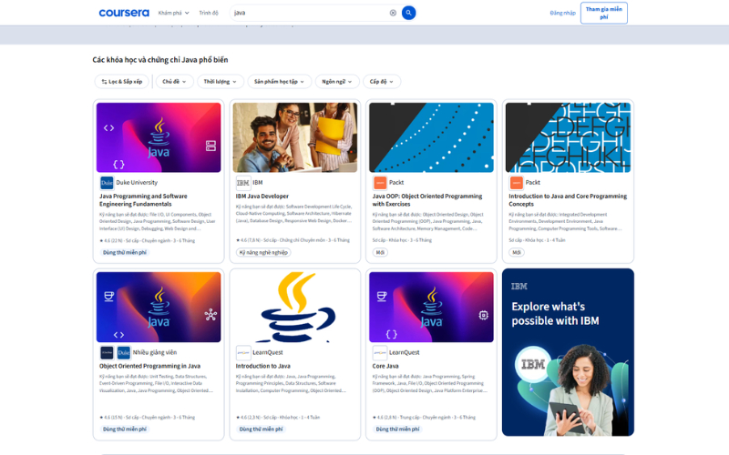Coursera cung cấp các khóa học và chương trình Java do trường đại học, doanh nghiệp công nghệ cùng tổ chức đào tạo phát triển.