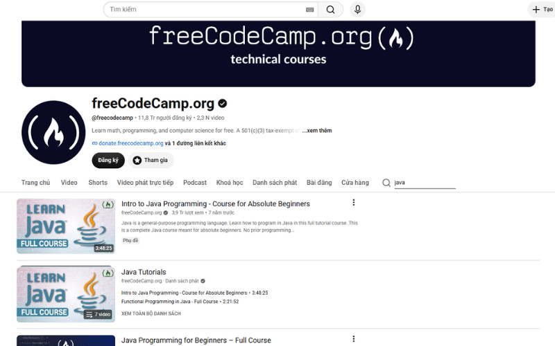 freeCodeCamp cung cấp video, bài hướng dẫn và tài liệu học lập trình Java miễn phí cho cộng đồng.