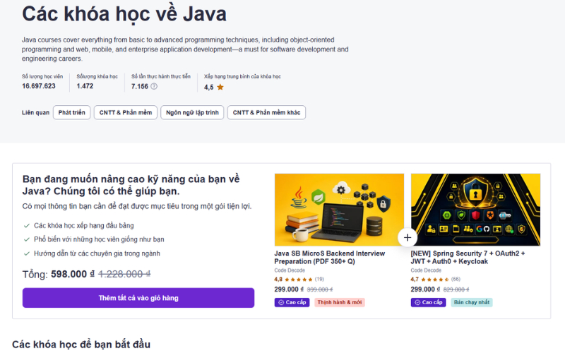 Udemy là nền tảng học trực tuyến có danh mục khóa học Java đa dạng, từ nhập môn đến phát triển ứng dụng với Spring Boot.