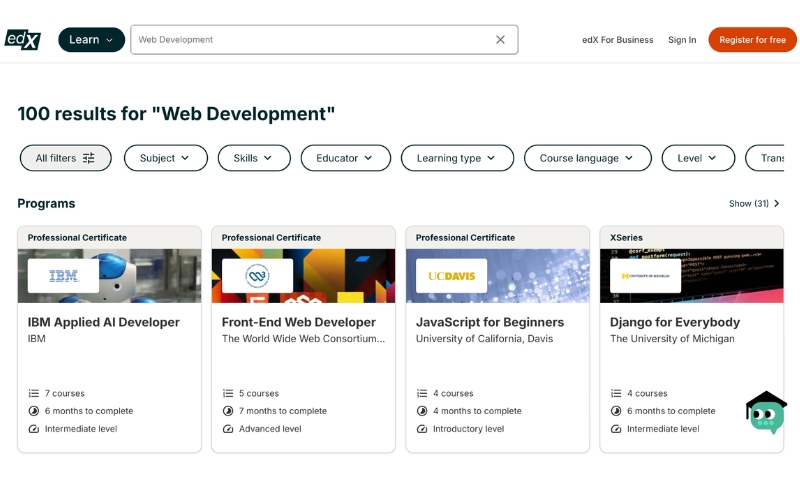 Các chương trình trên edX kết hợp kiến thức học thuật với kỹ năng thực hành và định hướng phát triển nghề nghiệp.