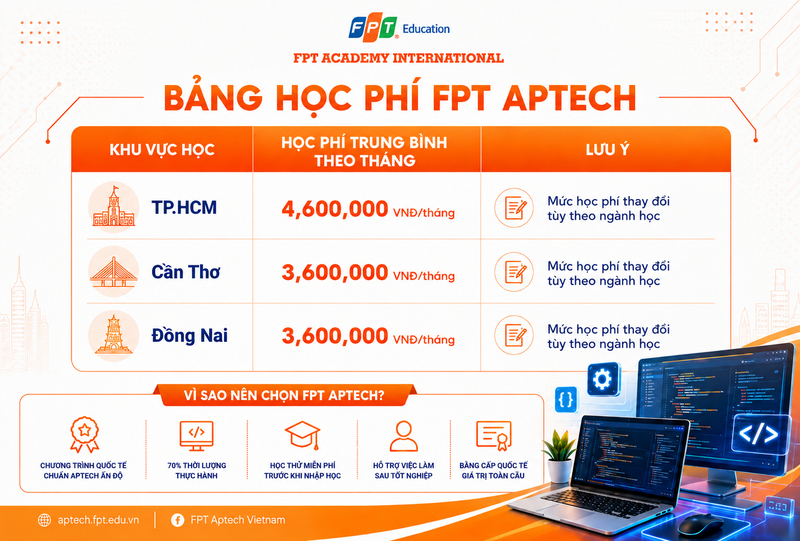 FPT Aptech học phí bao nhiêu? Bảng giá chi tiết theo khu vực 2026 1 Cập nhật học phí FPT Aptech năm 2026 mới nhất.