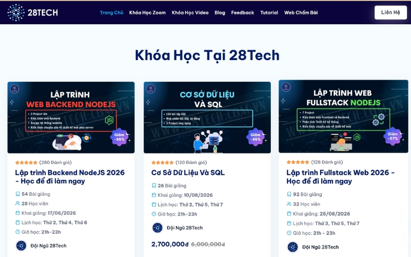 Lộ trình tại 28Tech chú trọng kỹ năng Fullstack Web, dự án thực tế và quy trình làm việc theo môi trường doanh nghiệp.