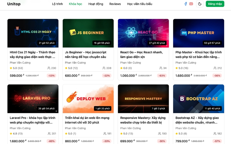 Lộ trình tại Unitop tập trung vào kỹ năng Full-stack thực tế, phù hợp với người muốn học để đi làm.