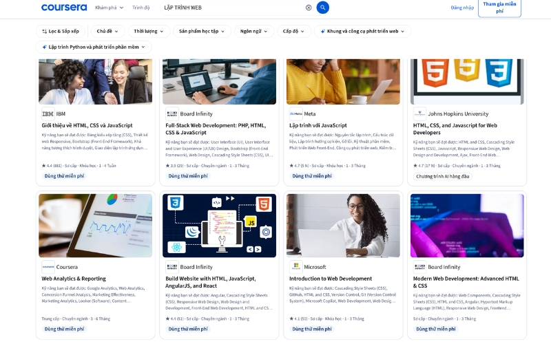 Người học trên Coursera có thể tiếp cận các chương trình lập trình web từ nhiều trường đại học và doanh nghiệp công nghệ.